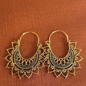 Gold and Black Intricate Hoop Earrings